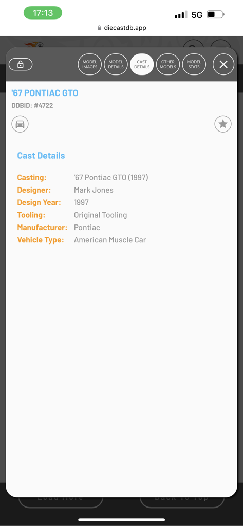 DiecastDB - DiecastDB app screen showing detailed technical specifications for a 67 Pontiac GTO diecast model including designer and manufacturer info.