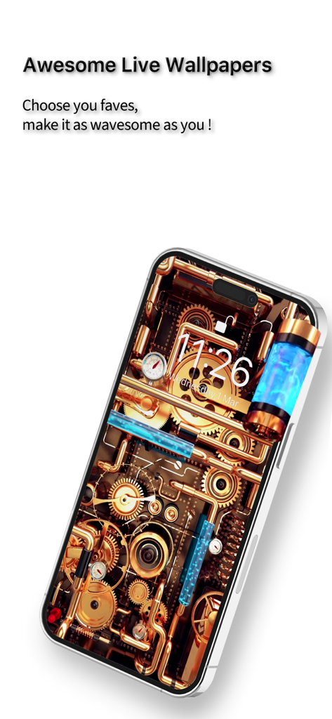 Mimpi-Live Wallpaper&Animation - Steampunk mechanical live wallpaper with intricate gears and copper pipes on an iPhone screen