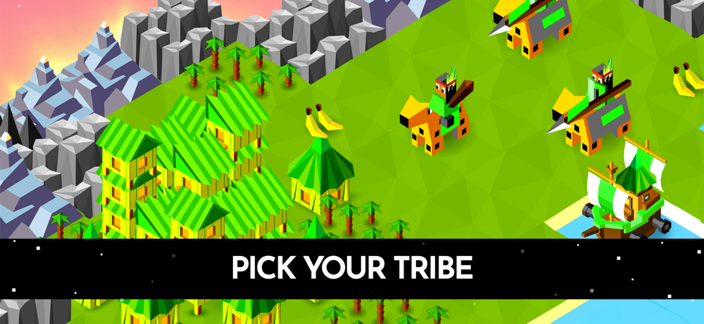 A low poly landscape in The Battle of Polytopia strategy game showing various tribe buildings and units.