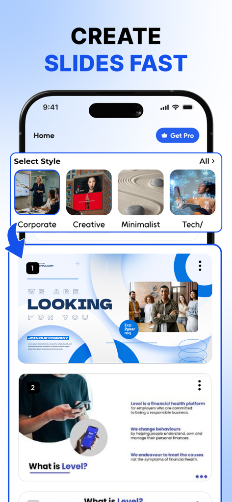 AI PPT Maker : Gamma AI App - App interface for creating professional presentation slides quickly with different style options like corporate and minimalist.