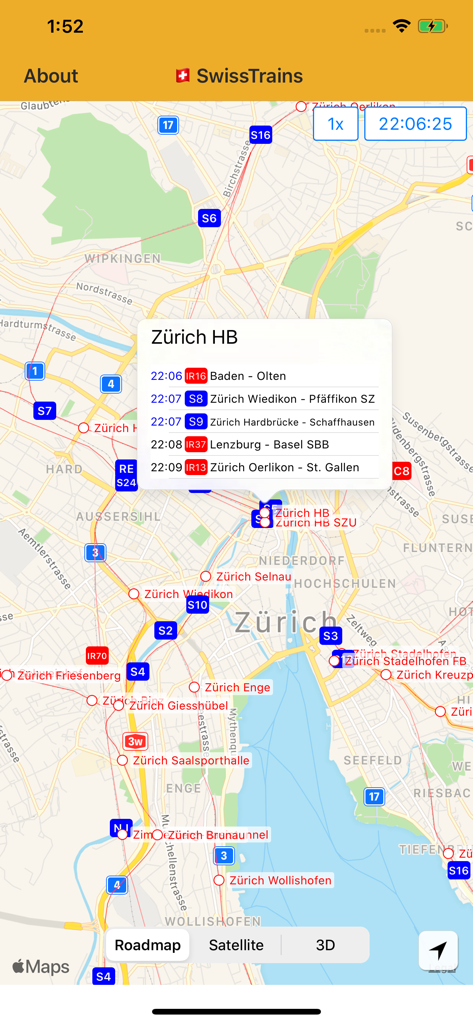 SwissTrains - Interface of SwissTrains app showing a map of Zurich with train line icons and a departures list for Zurich HB station