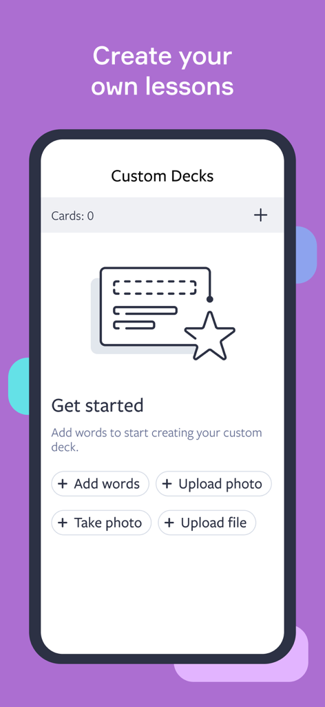 Lingvist: Learn Languages Fast - Lingvist-App-Oberfläche zum Erstellen benutzerdefinierter Sprachlern-Decks mit Optionen zum Hinzufügen von Wörtern oder zum Hochladen von Fotos und Dateien.