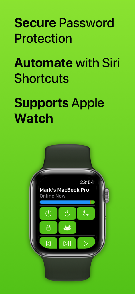 Off app interface on an Apple Watch showing remote controls for a MacBook Pro