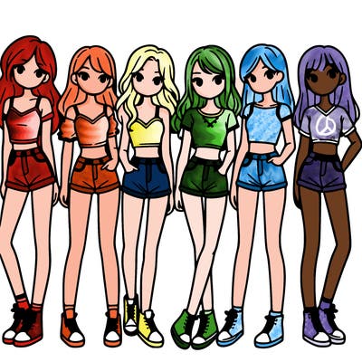 a group of girls wearing crop tops and shorts
