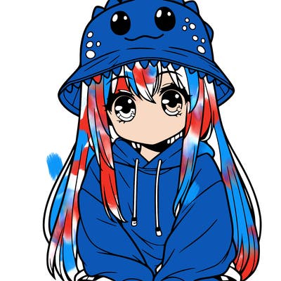 girl with anime shaped eyes with a dinosaur bucket hat oversized sweatshirt long straight hair
