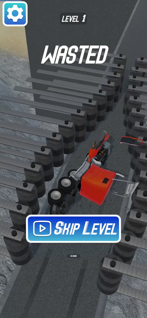 Crash Master 3D - A red truck crashed and overturned on a path with the text Wasted in Crash Master 3D