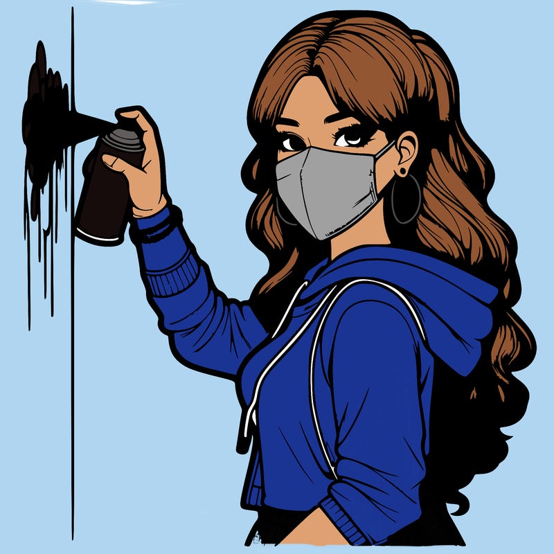 realistic girl with mask spray painting a wall