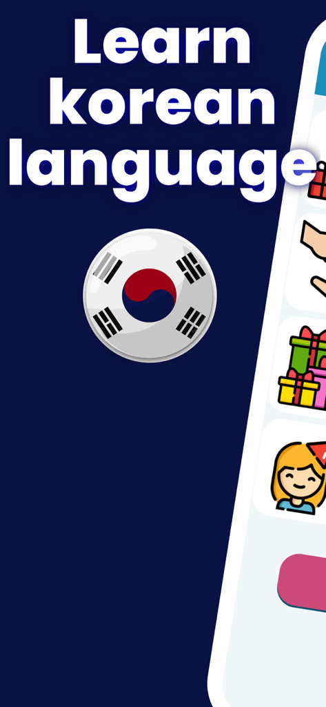 Learn korean language 2025 - Una interfaz de aplicación móvil titulada Aprende coreano que muestra la bandera de Corea del Sur y los iconos de vocabulario