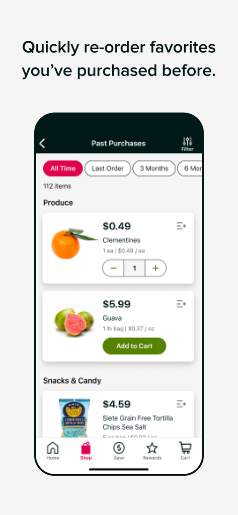 Stop & Shop - A mobile app interface of Stop and Shop displaying a past purchases list to quickly reorder favorite grocery items.