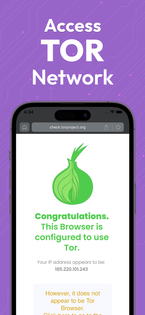 TOR Browser: Onion TOR VPN - Uno schermo dello smartphone che mostra la configurazione e la connessione riuscita alla rete TOR con un'icona di cipolla verde.