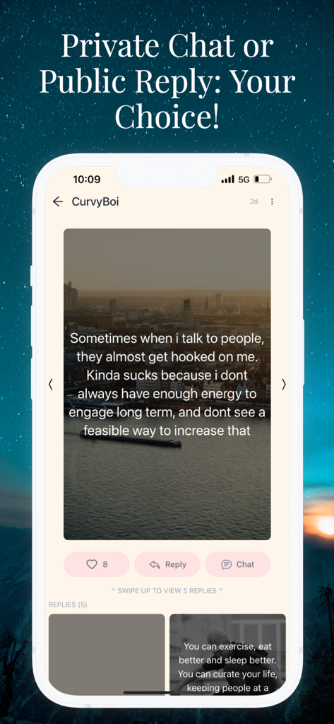 Hush – Express Freely - A mobile app interface showing an anonymous confession with options for private chat or public reply.
