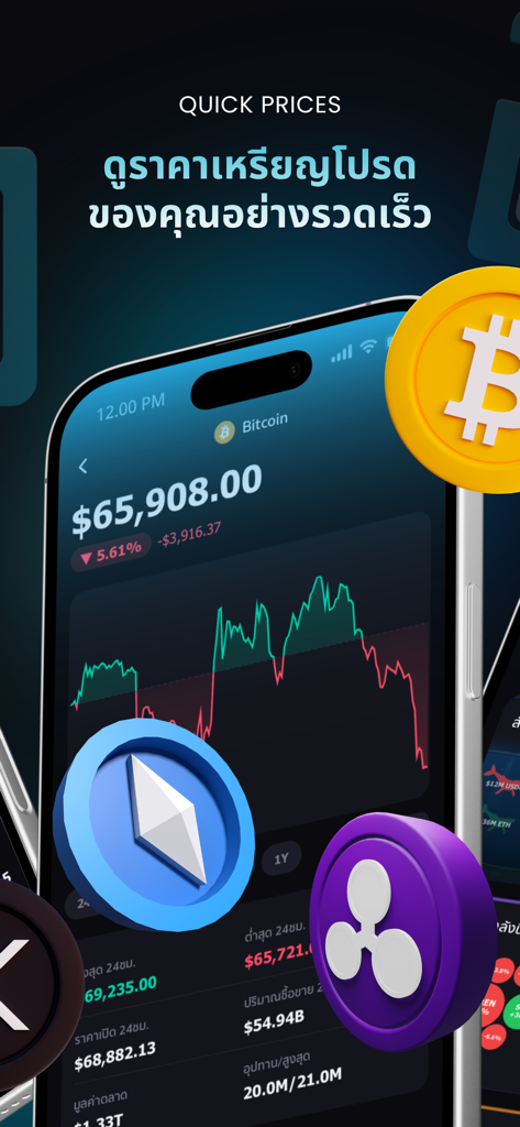 Siam Blockchain - Siam Blockchain app interface displaying Bitcoin price chart and real-time cryptocurrency market statistics with 3D coin icons