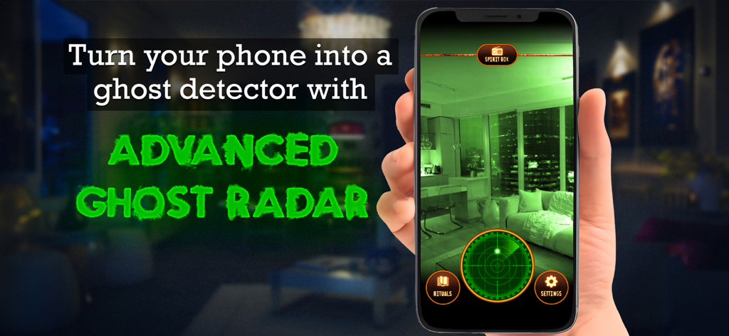 Ghost Detector Pro Radar - A hand holding a smartphone showing the Ghost Detector Pro Radar app with a green night vision camera view and a ghost tracking radar.