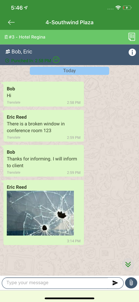 In-app team chat showing job site notes and photo documentation of a broken window.