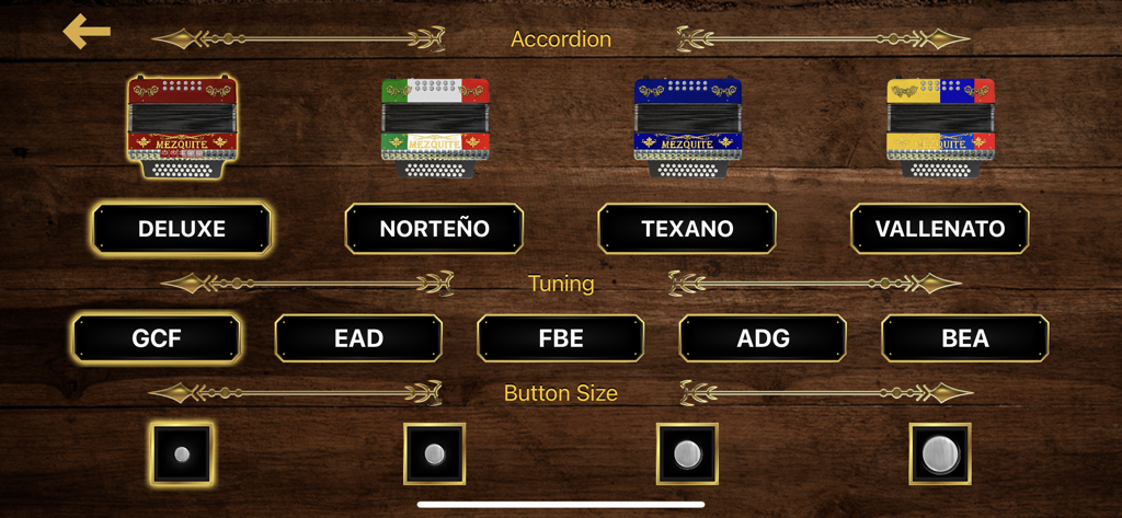 Mezquite Diatonic Accordion - Settings screen of the Mezquite Diatonic Accordion app showing options for accordion types like Norteno and Vallenato with various tuning and button size choices