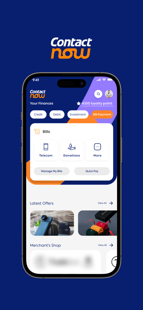 ContactNow | كونتكت - Interface of ContactNow app showing bill payments and financial management services