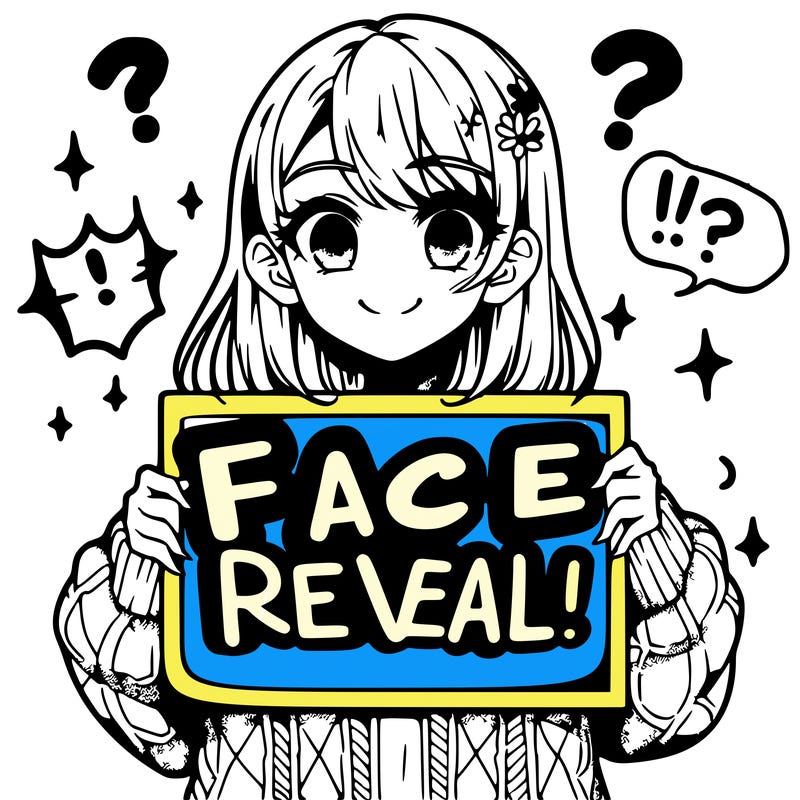 manga girl holding a sign that say face reveal?
