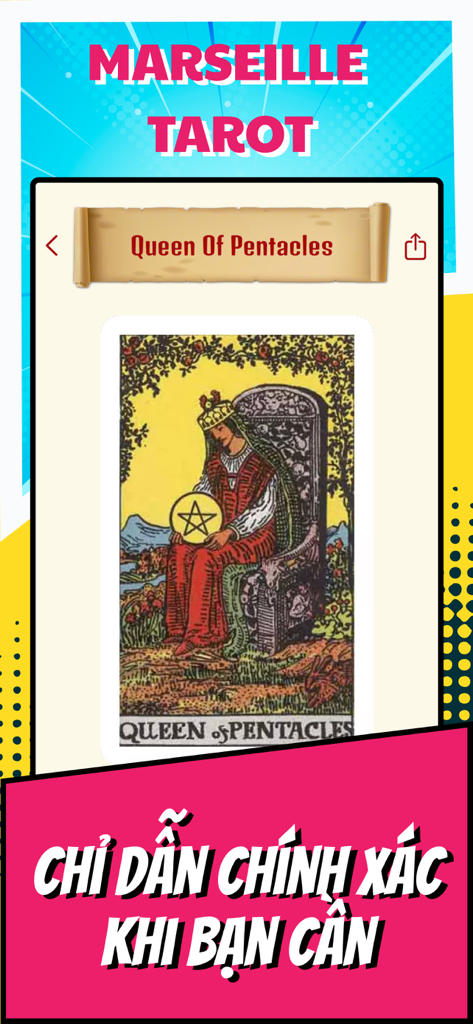 Astrology 365: Palmistry Tarot - Pantalla de Tarot de Marsella mostrando la carta de la Reina de Oros con un eslogan vietnamita en la parte inferior.
