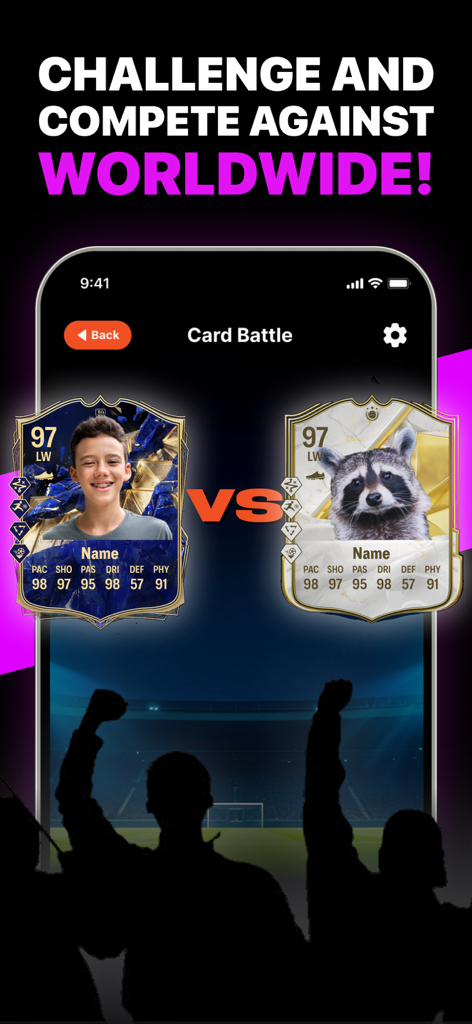 Eine mobile Benutzeroberfläche der FC 26 FUT Karten-Ersteller-App, die einen Kartenkampf zwischen einer eigenen Jungen-Spielerkarte und einer Waschbär-Spielerkarte zeigt.