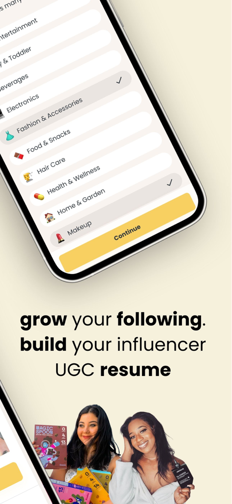 Stack Influence: Creator Deals - Stack Influence app screen showing creator category selection and influencers with products.