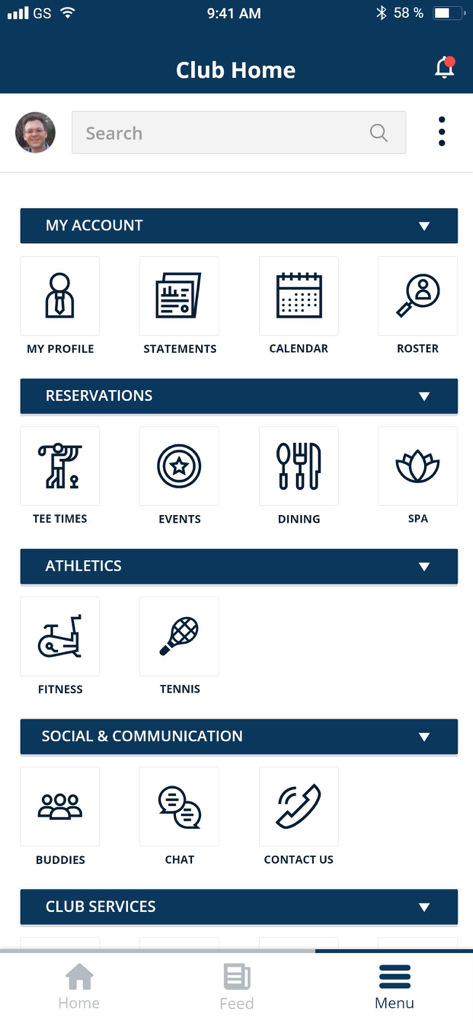 LOPA - LOPA app club home screen displaying account management and reservation options.