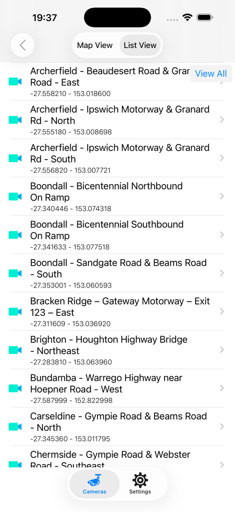 A list view of traffic cameras in the Traffic Cameras Australia app showing locations such as Archerfield and Boondall with GPS coordinates.