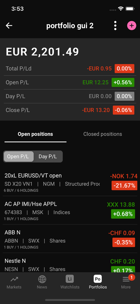 SIX iD - The portfolio screen of the SIX iD app showing investment holdings and profit loss status