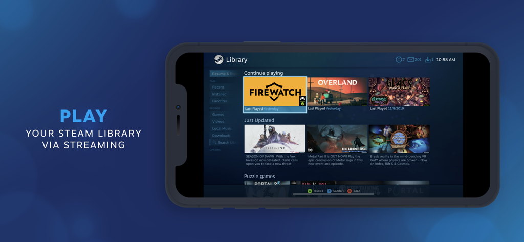 Steam Link mobile Oberfläche, die eine Bibliothek von PC-Spielen auf einem Smartphone anzeigt