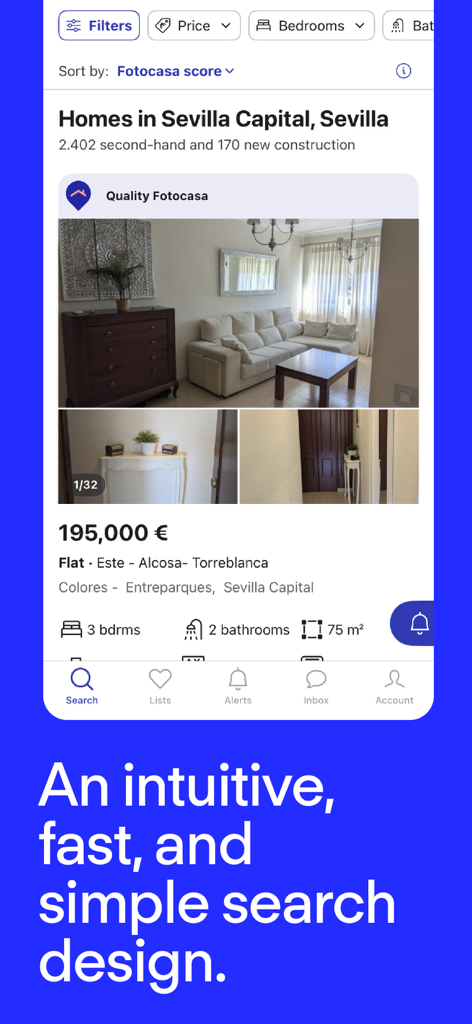 Mobile screenshot of the Fotocasa app showing real estate listings in Sevilla with an intuitive search design