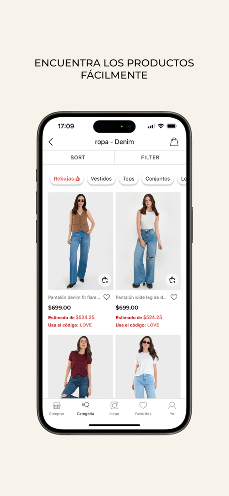 HIGHSTREET MX - Mobile screen of the HIGHSTREET MX app displaying a collection of women denim jeans and fashion categories
