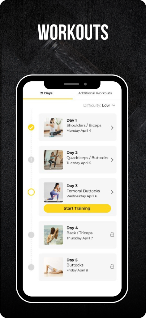 WEDO Transformations - Interfaccia dell'app WEDO Transformations che mostra un piano fitness di 21 giorni con allenamenti giornalieri specifici