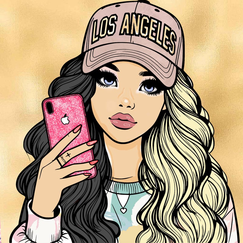 realistic beautiful girl wearing los ángeles cap holding an iphone