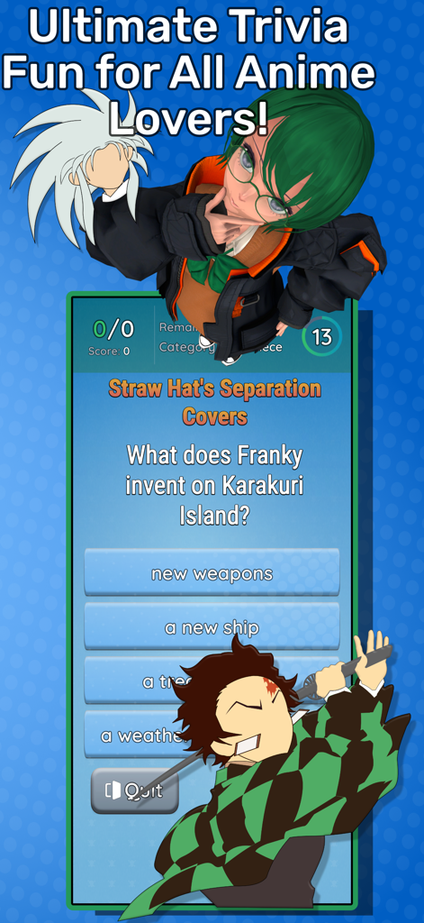 Anime Quiz Party - A mobile screenshot of Anime Quiz Party featuring a One Piece trivia question with various anime characters and a 3D mascot.