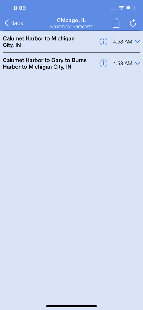 Nearshore app screen showing marine forecast zones for Chicago, IL including Calumet Harbor to Michigan City.