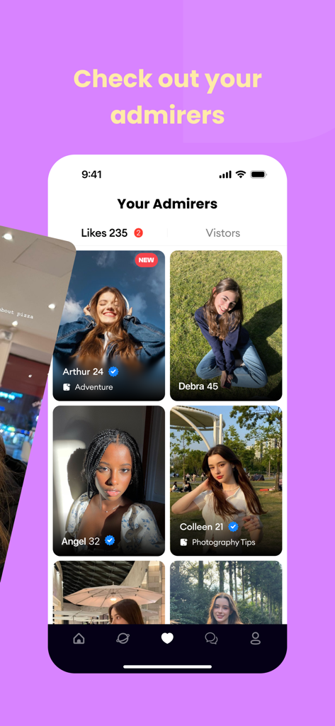 Dora: Create and connect - Screenshot of the Dora app Admirers section showing profiles of users who liked or visited the account