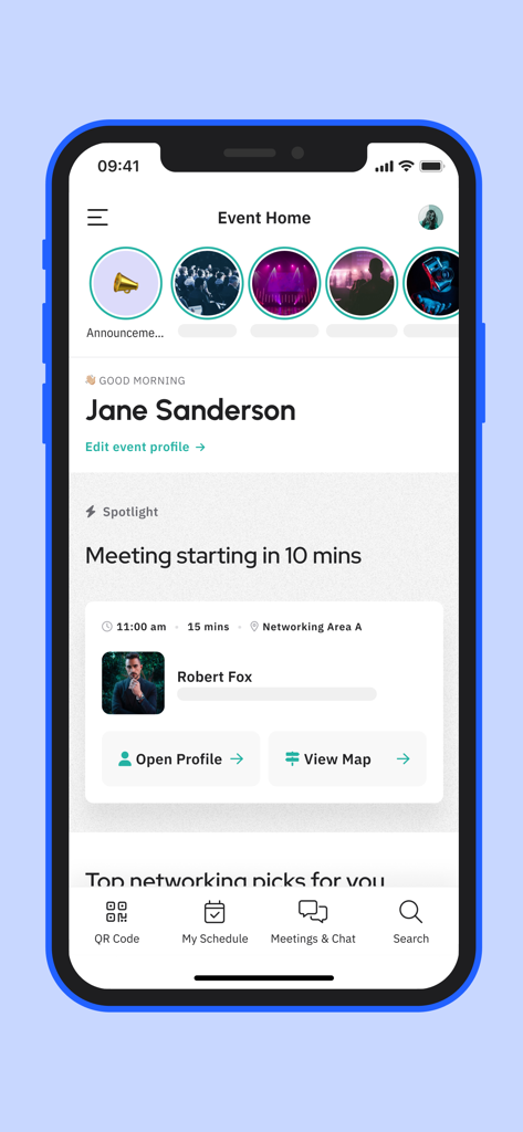 FinTech México - Event home screen of the FinTech Mexico app showing a spotlight on an upcoming networking meeting and user schedule