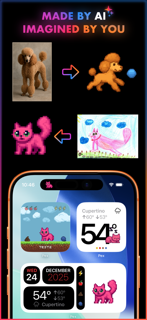 Pex: Watch face & Pet AI - AI generated pixel pets created from photos and sketches shown on iPhone widgets