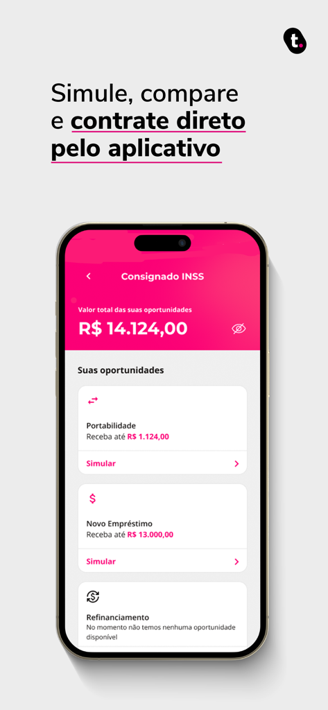 Uma tela de smartphone mostrando o aplicativo meutudo com opções de empréstimo consignado INSS, incluindo portabilidade e simulações de novos empréstimos