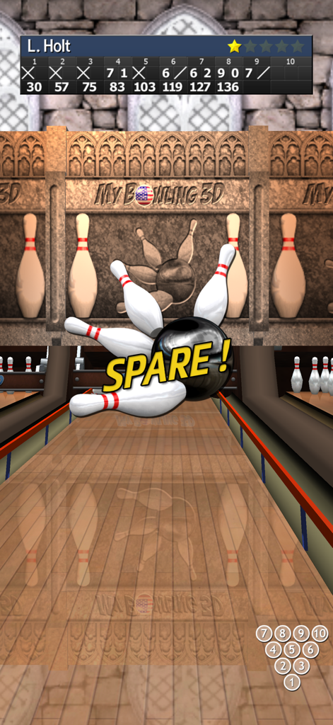 My Bowling 3D - A realistic 3D bowling simulation showing a bowling ball hitting pins for a spare.