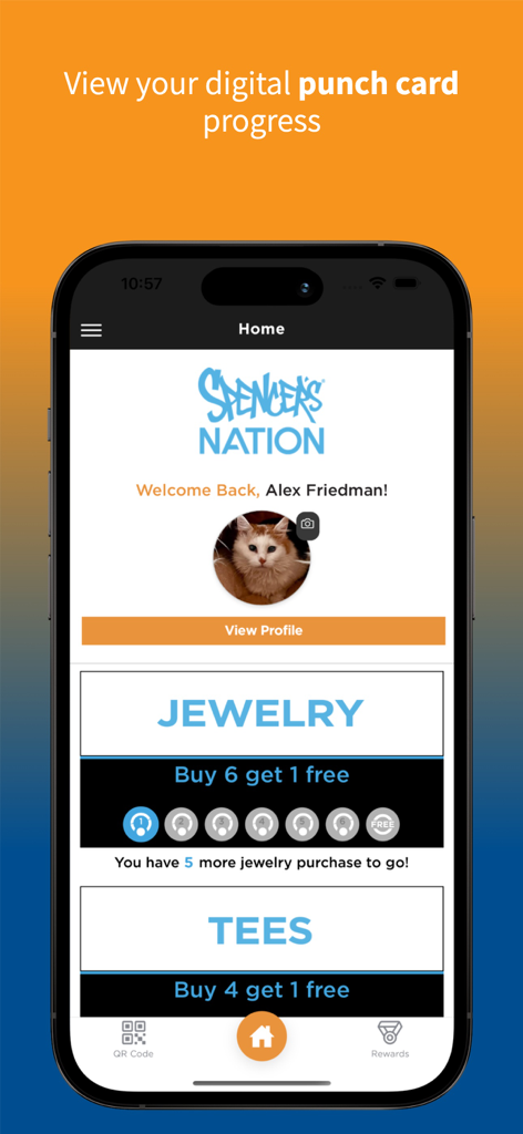 Spencer’s Nation - 주얼리 및 티셔츠에 대한 디지털 펀치 카드 진행 상황을 표시하는 Spencers Nation 앱 홈 화면
