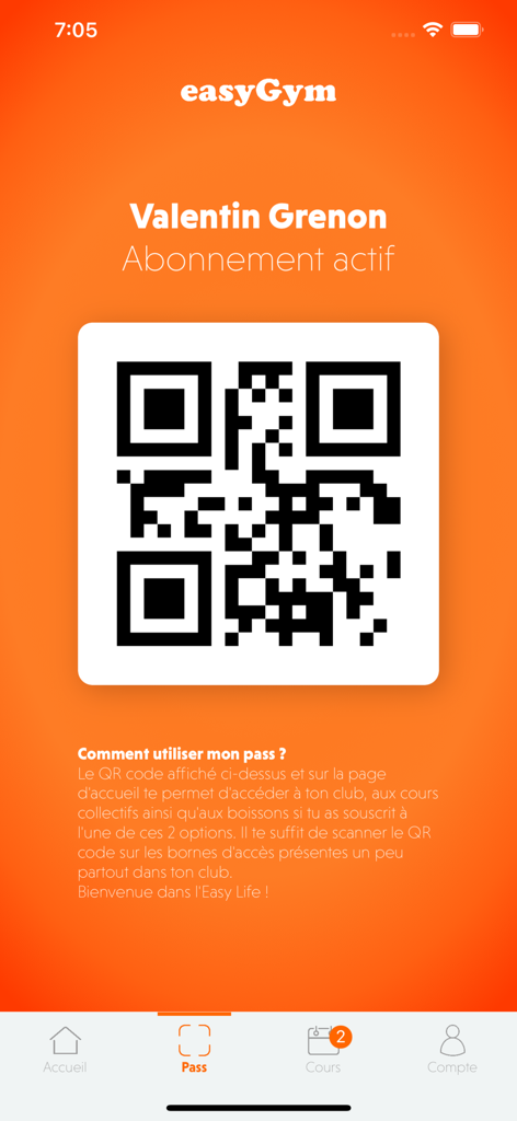 easyGym app interface showing a digital gym pass with a QR code for club access and active subscription status.