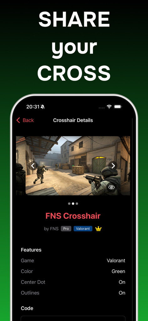 Custom Crosshair Aim Hero - Mobile app screen showing Valorant crosshair details and a real-time preview on a game map background