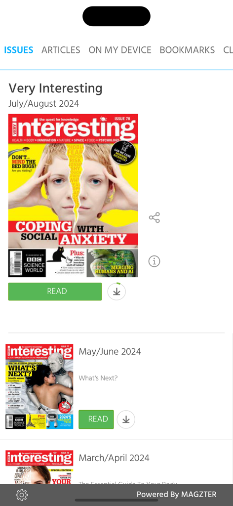 Interfaz de quiosco digital de la aplicación de la revista Very Interesting que muestra una lista de números recientes de ciencia y estilo de vida.