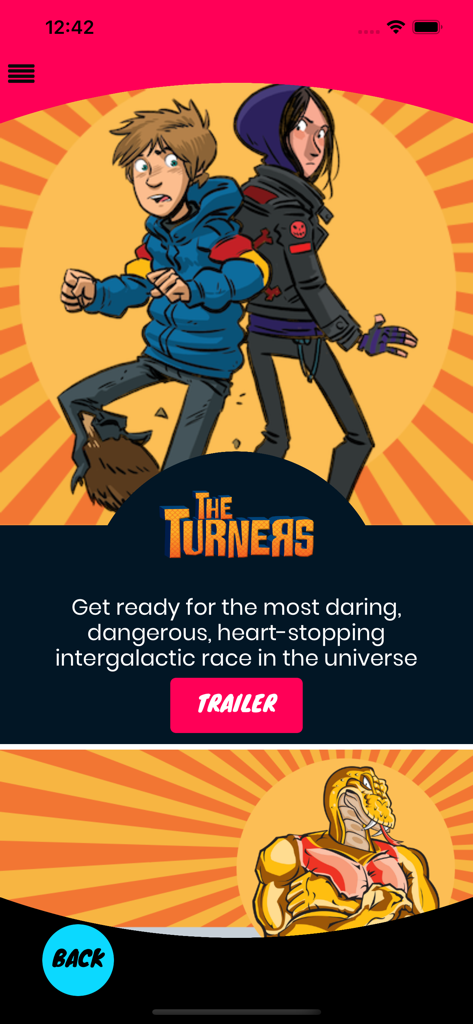 AUDIOPLAY - The Turners story preview screen in the Audioplay app showing two kids and a lizard character illustration