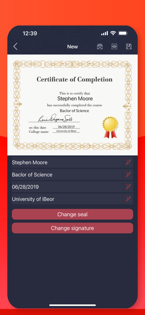 Certificate Maker: Diploma AI - Interfaz de la aplicación móvil para editar un certificado de finalización profesional con campos de texto y firma personalizables