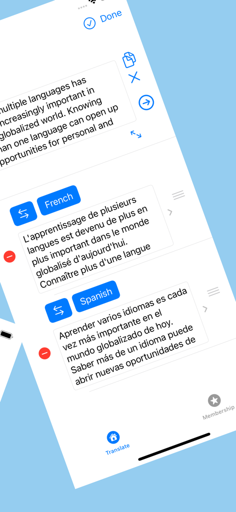 Interface showing simultaneous English to French and Spanish translations.