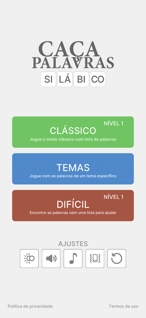 Caça-Palavras Silábico - Menu principal do aplicativo de caça-palavras Caca-Palavras Silabico mostrando modos de jogo e configurações