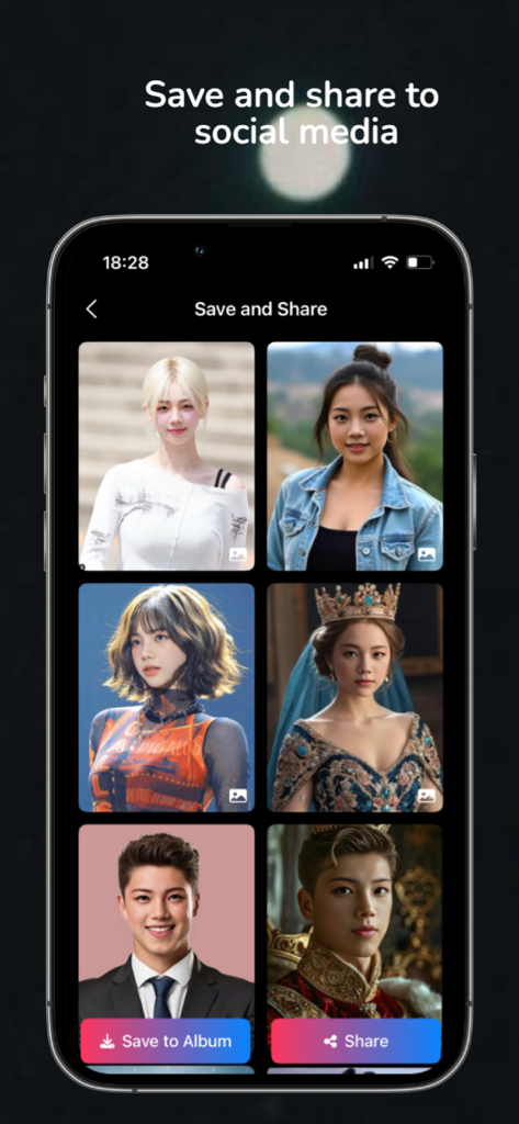 iReface – AI Face Swap Maker - iReface app screen showing a grid of AI face swap results with save and share options