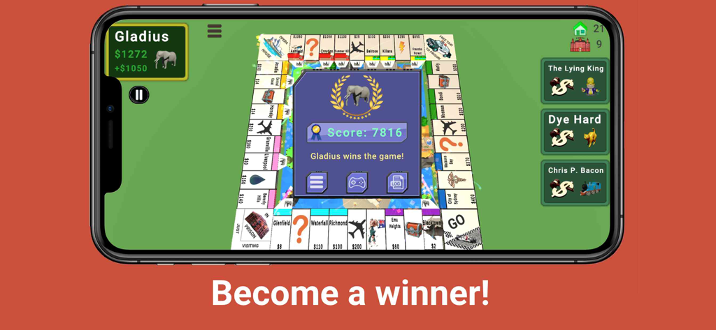 Quadropoly - Monopolist Tycoon - Winning screen of Quadropoly showing a player victory and high score on a digital board game