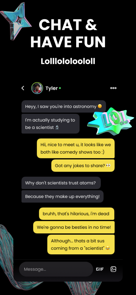 Interface de chat de l'application Renz montrant une conversation amusante entre deux adolescents